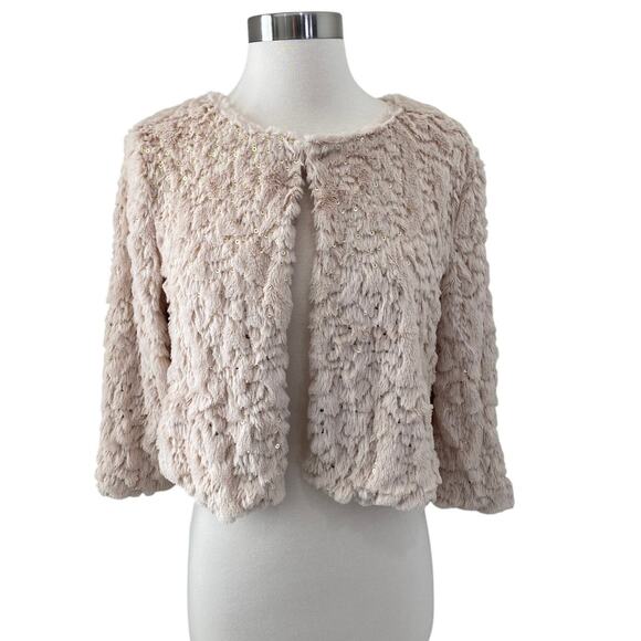 Y2K Faux Fur Bolero Jacket Sz L Forever 21 VTG Gold Sequin Cropped Penny Lane - Picture 1 of 8